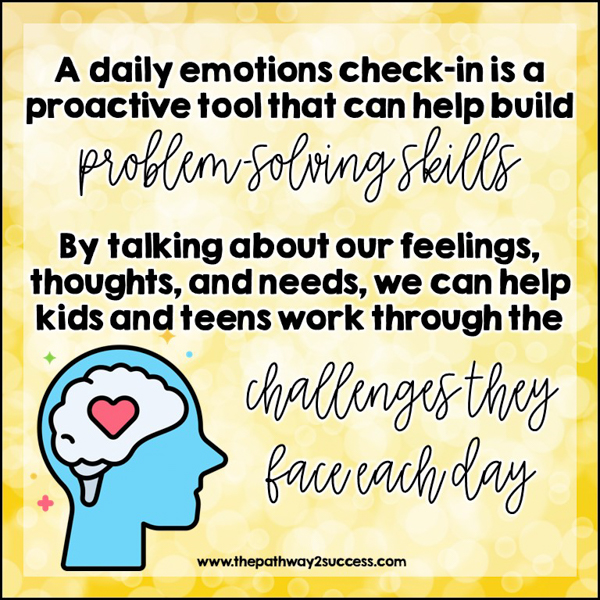 A daily emotions check-in is a proactive tool that can help build problem-solving skills. By talking about our feelings, thoughts, and needs, we can help kids and teens work through the challenges they face each day.