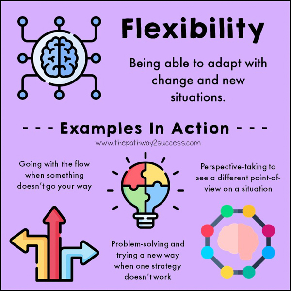 Flexibility examples: going with the flow when something doesn't go your way and problem-solving when one strategy doesn't work.
