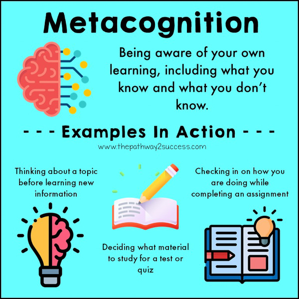 Metacognition examples in action: thinking about a topic before learning new information and checking in on how you are doing while completing an assignment