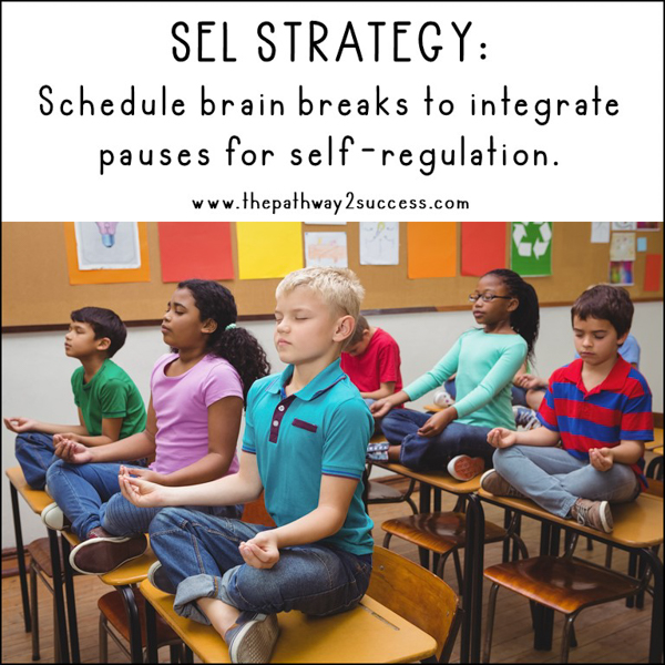 SEL strategy: schedule brain breaks to integrate pauses for relaxation. Students sitting on their desks and taking a brain break in the classroom