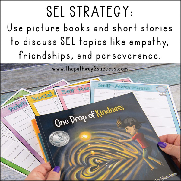 SEL strategy: Use picture books and short stories to discuss SEL topics like empathy, friendships, and perseverance. Kris from Pathway 2 Success holding the book "One Drop of Kindness" over free SEL read aloud lists.