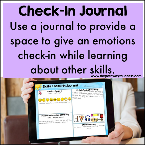 SEL Check-In Journal with emotions check-in, positive affirmation of the day, mindful moment, and SEL skill of the day.