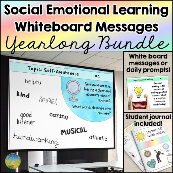 Social emotional learning whiteboard messages yearlong bundle with prompts