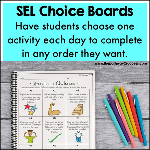 Social emotional learning choice board activity