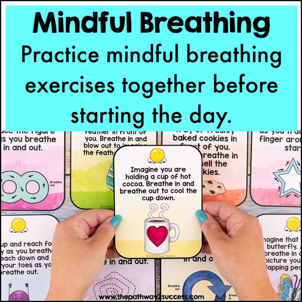 Mindful breathing cards. Card reads: Imagine you are holding a cup of hot cocoa. Breathe in and breathe out to cool the cup down.