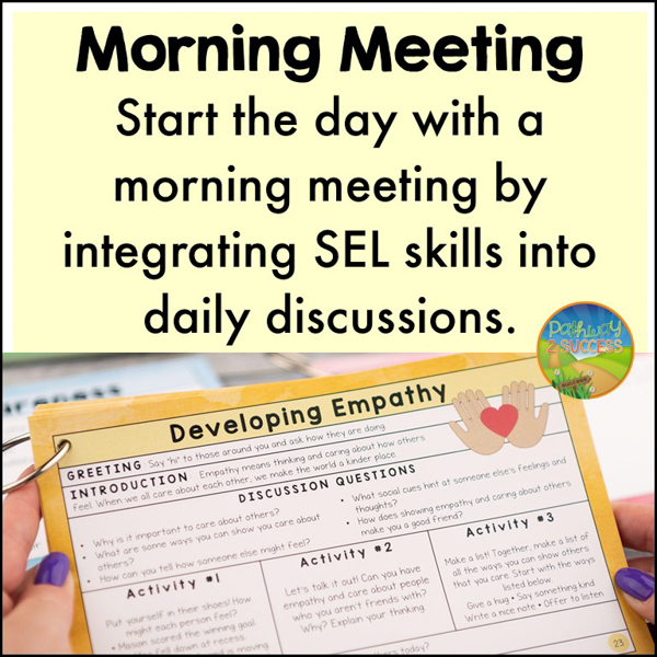 Daily morning meeting cards on a ring. Card focuses on developing empathy.