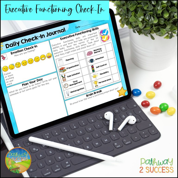 Daily executive functioning check-in journal to provide emotional support and more.