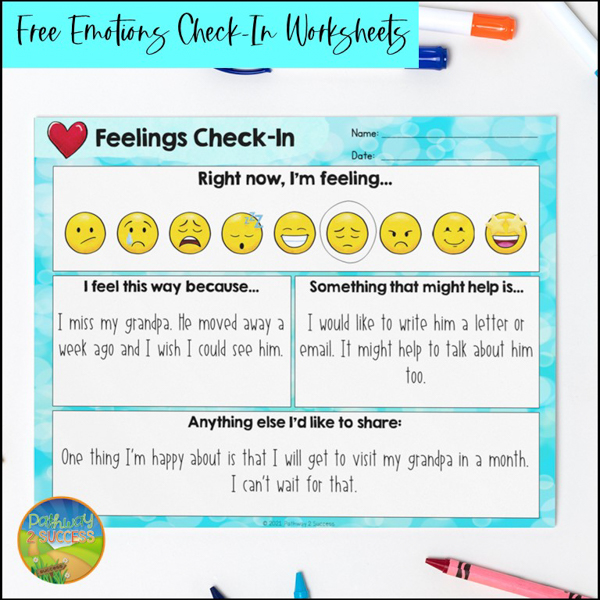 Free emotions check-in worksheets to build social emotional skills.