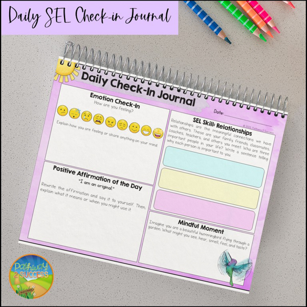 Daily SEL check-in journal that provides a space to check-in with emotions, learn SEL skills, practice mindfulness, and more.