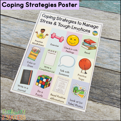 free coping strategies poster with strategies including practicing mindfulness, checking in with  feelings, and coloring.