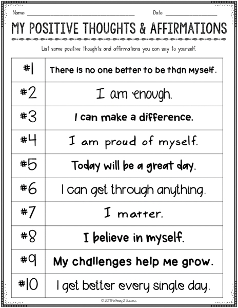positive thoughts and affirmations activity list