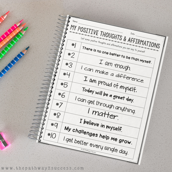 Free positive thoughts and affirmations activity for kids and teens