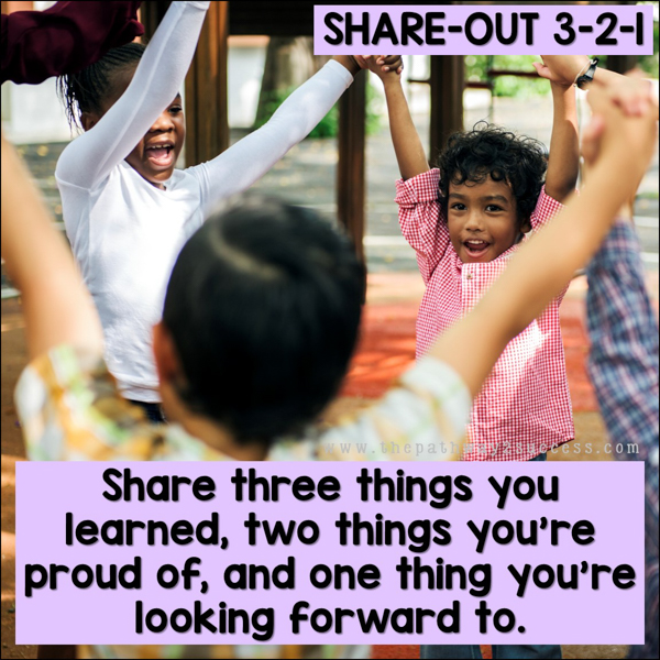 Share out 3-2-1: Share three things you learned, two things you're proud of, and one thing you're looking forward to.