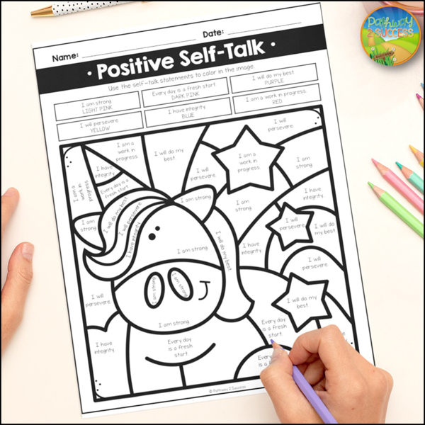 Positive self-talk coloring worksheet for kids
