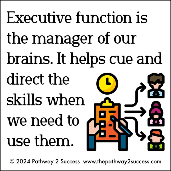 Executive function is the manage of our brains. It helps cue and direct the skills when we need to use them.