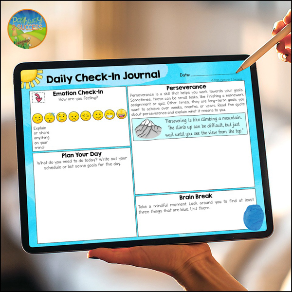 daily check-in journal focused on perseverance, problem-solving, and flexibility skills