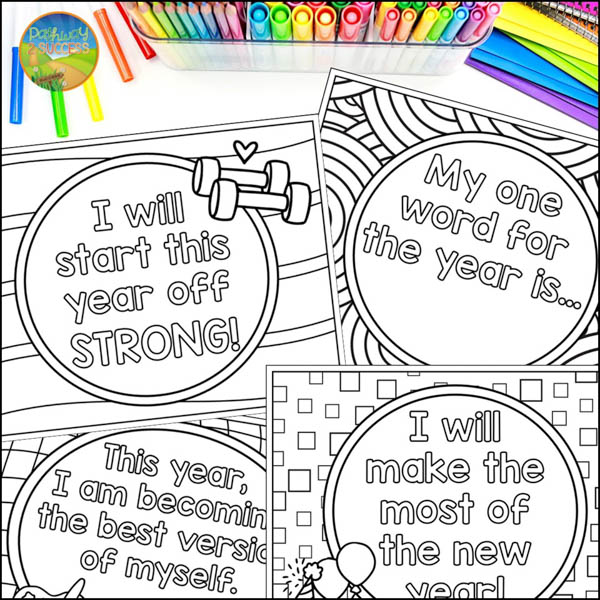 new year coloring pages to boost positive self-talk, goal-setting, and more