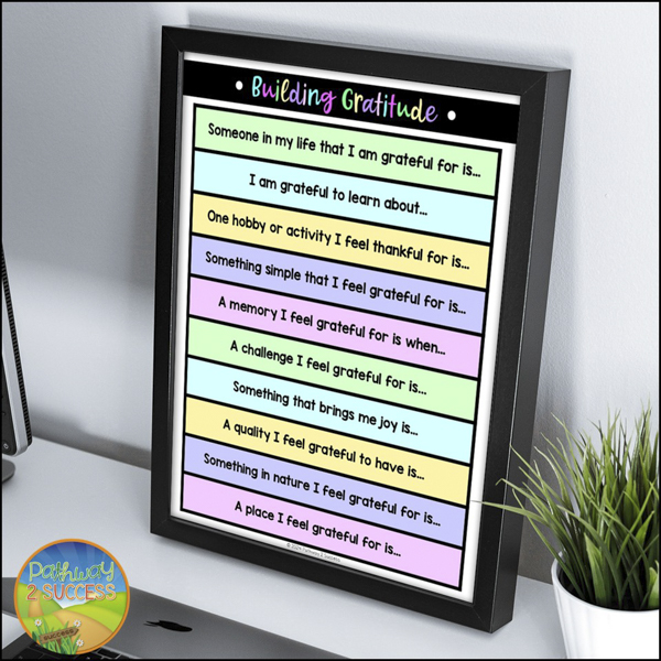 Gratitude sentence starter list for the classroom calm down area